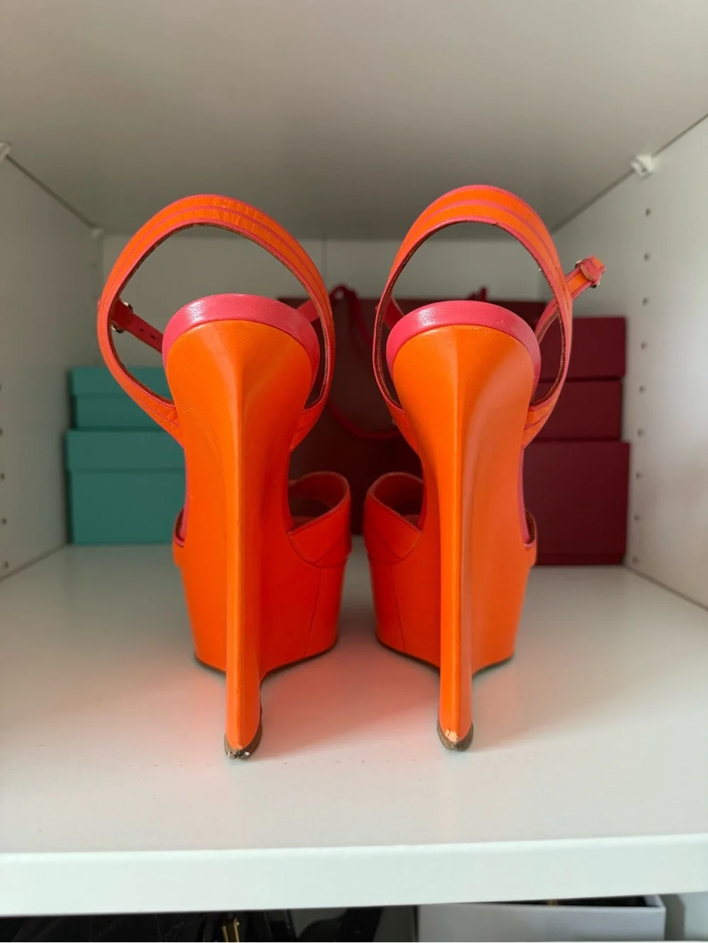 Brian Atwood Orange and Pink Platform Wedge Sandals